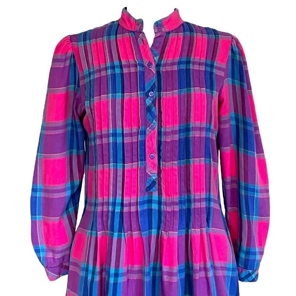 Matti Sport Vintage 1980s Cottagecore Midi Dress Flannel Plaid Puff Sleeve Sz 8 - Picture 4 of 10